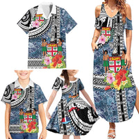 Fiji Day Family Matching Summer Maxi Dress and Hawaiian Shirt Traditional Tapa with Hibiscus and Emblems