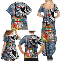 Fiji Day Family Matching Summer Maxi Dress and Hawaiian Shirt Traditional Tapa with Hibiscus and Emblems