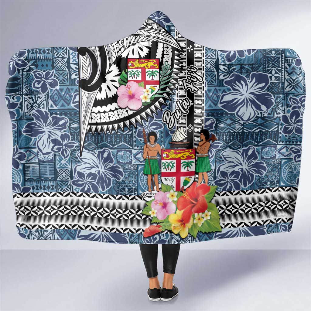 Fiji Day Hooded Blanket Traditional Tapa with Hibiscus and Emblems