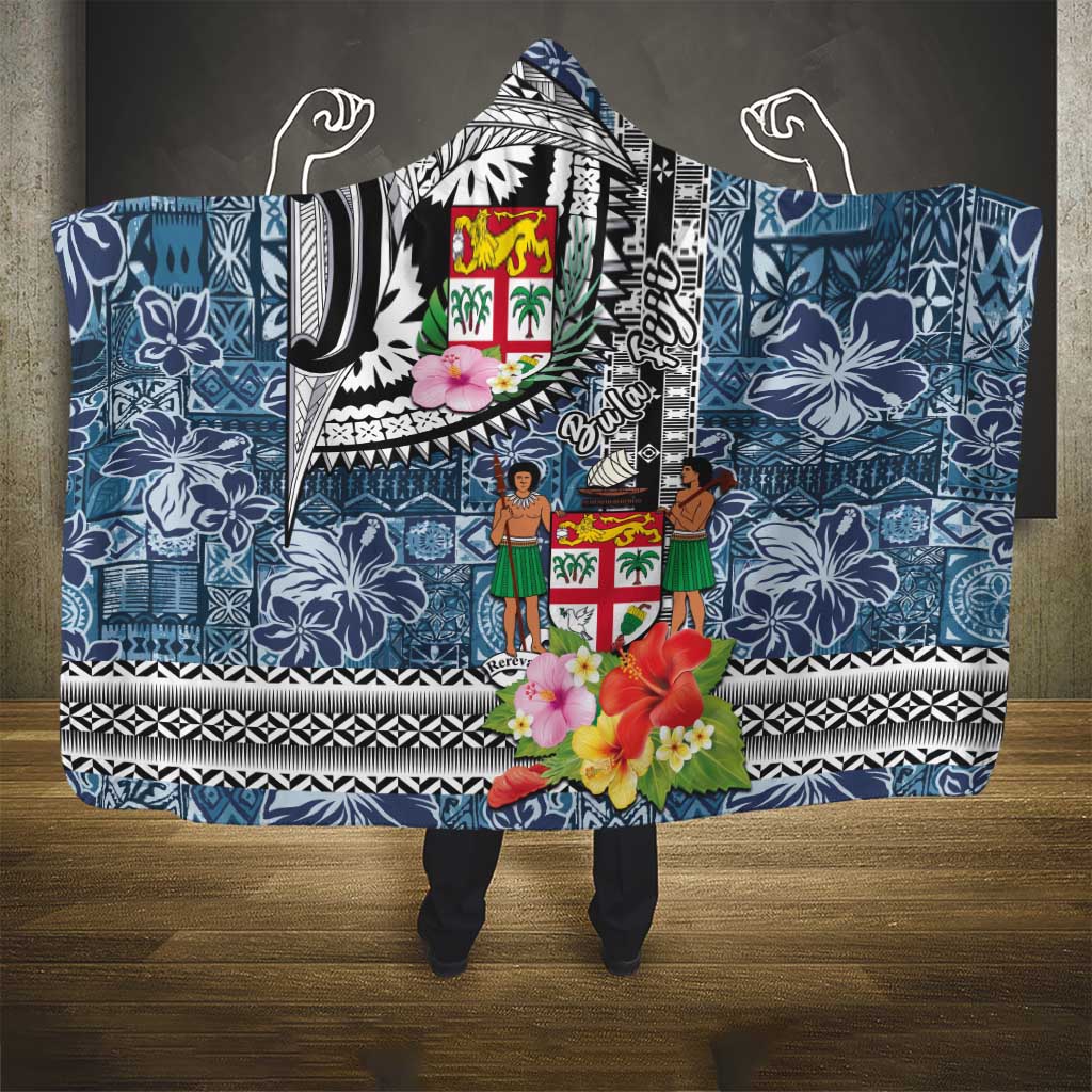 Fiji Day Hooded Blanket Traditional Tapa with Hibiscus and Emblems