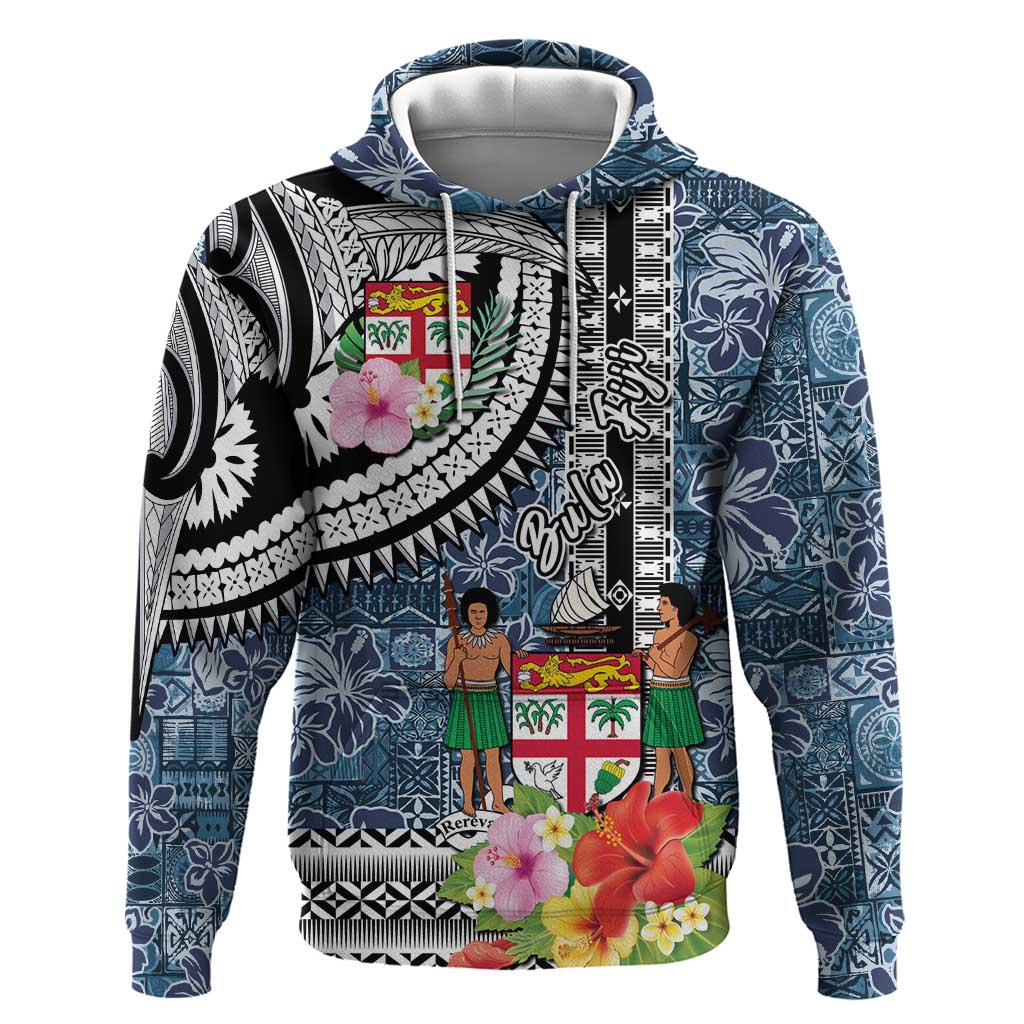 Fiji Day Hoodie Traditional Tapa with Hibiscus and Emblems