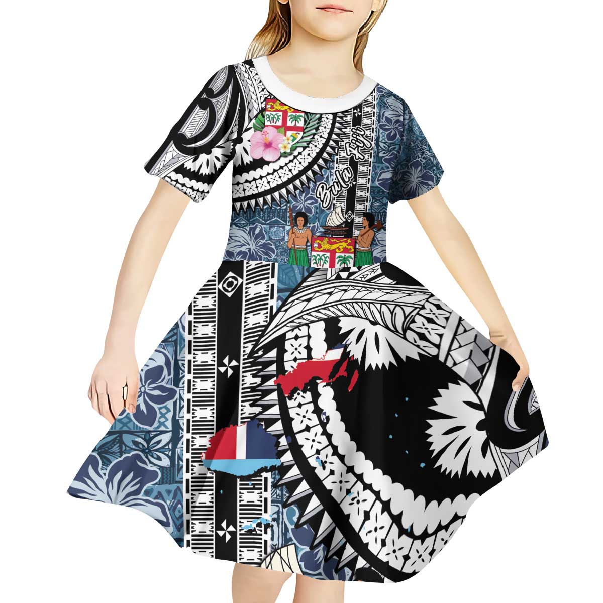 Fiji Day Kid Short Sleeve Dress Traditional Tapa with Hibiscus and Emblems