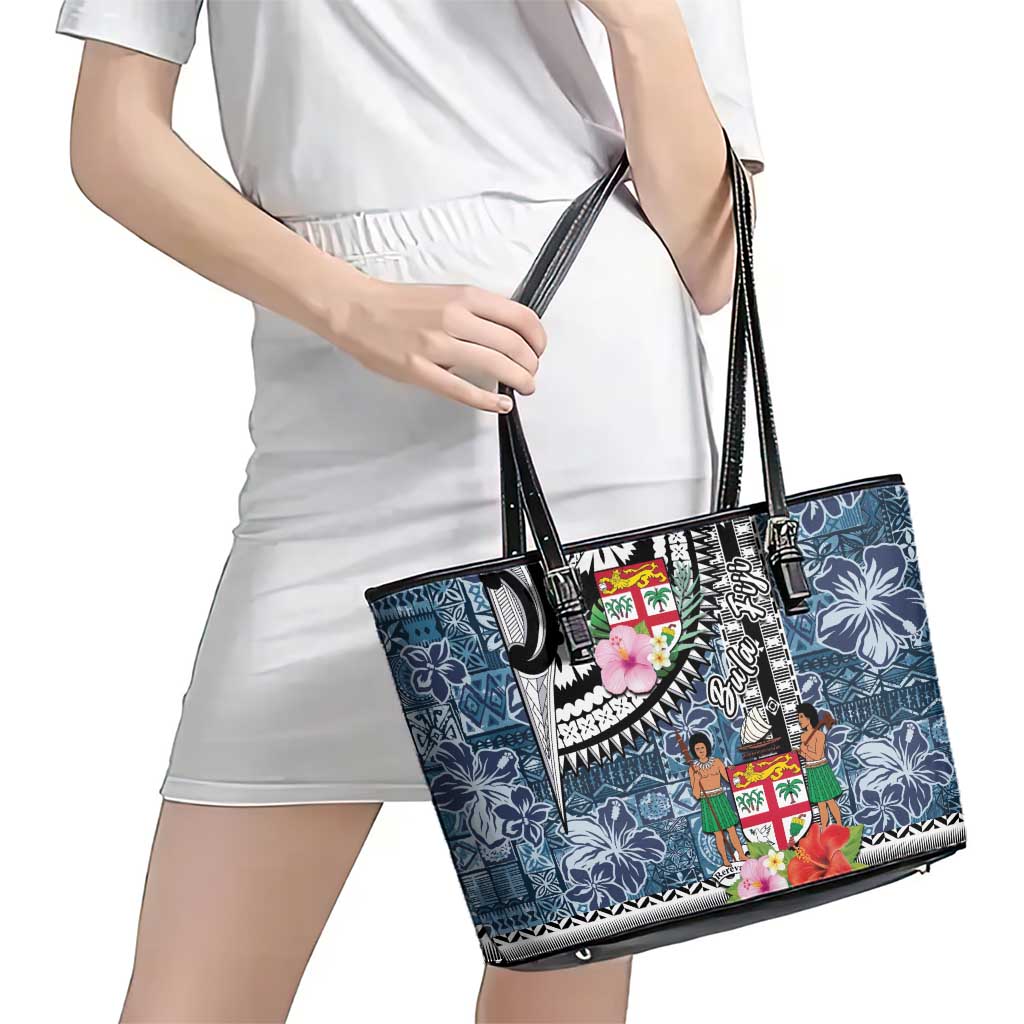 Fiji Day Leather Tote Bag Traditional Tapa with Hibiscus and Emblems