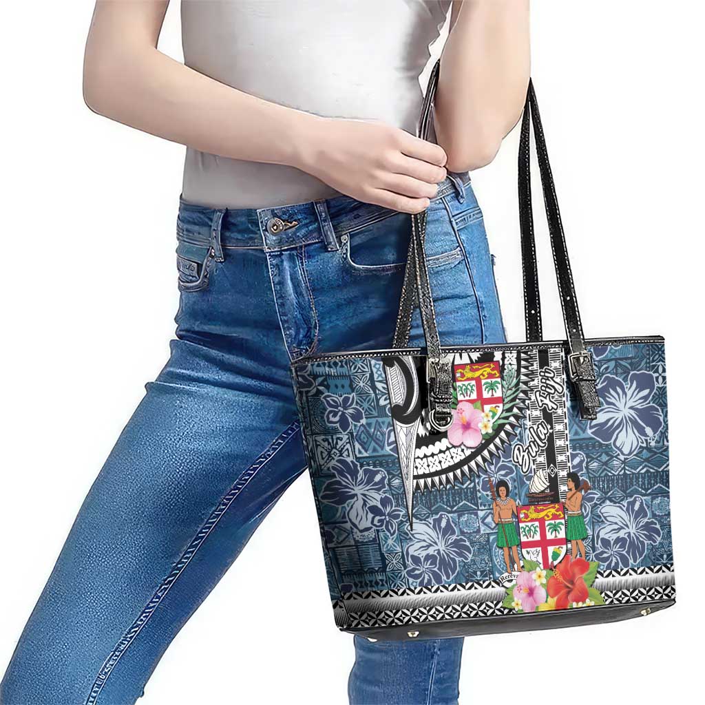 Fiji Day Leather Tote Bag Traditional Tapa with Hibiscus and Emblems