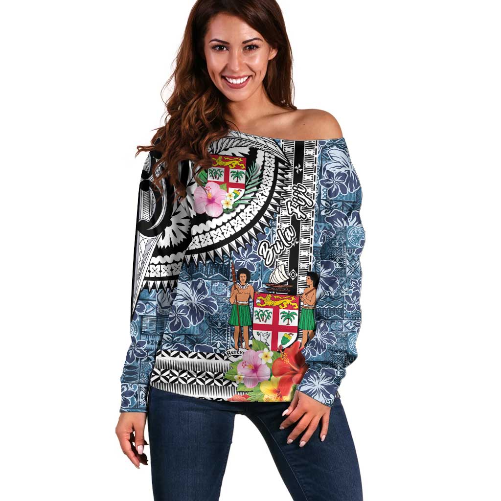 Fiji Day Off Shoulder Sweater Traditional Tapa with Hibiscus and Emblems