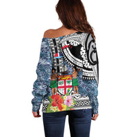 Fiji Day Off Shoulder Sweater Traditional Tapa with Hibiscus and Emblems