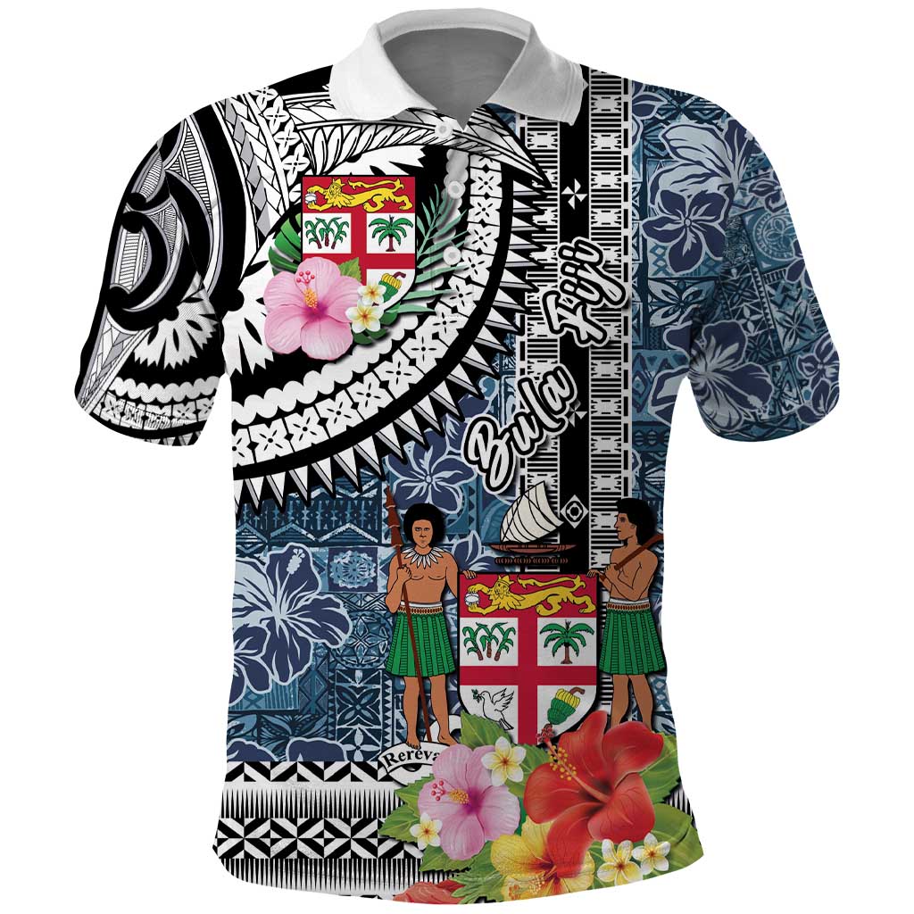 Fiji Day Polo Shirt Traditional Tapa with Hibiscus and Emblems
