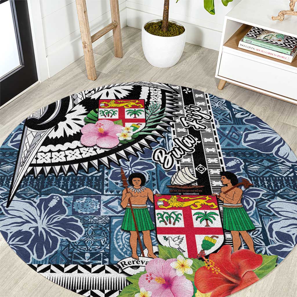 Fiji Day Round Carpet Traditional Tapa with Hibiscus and Emblems