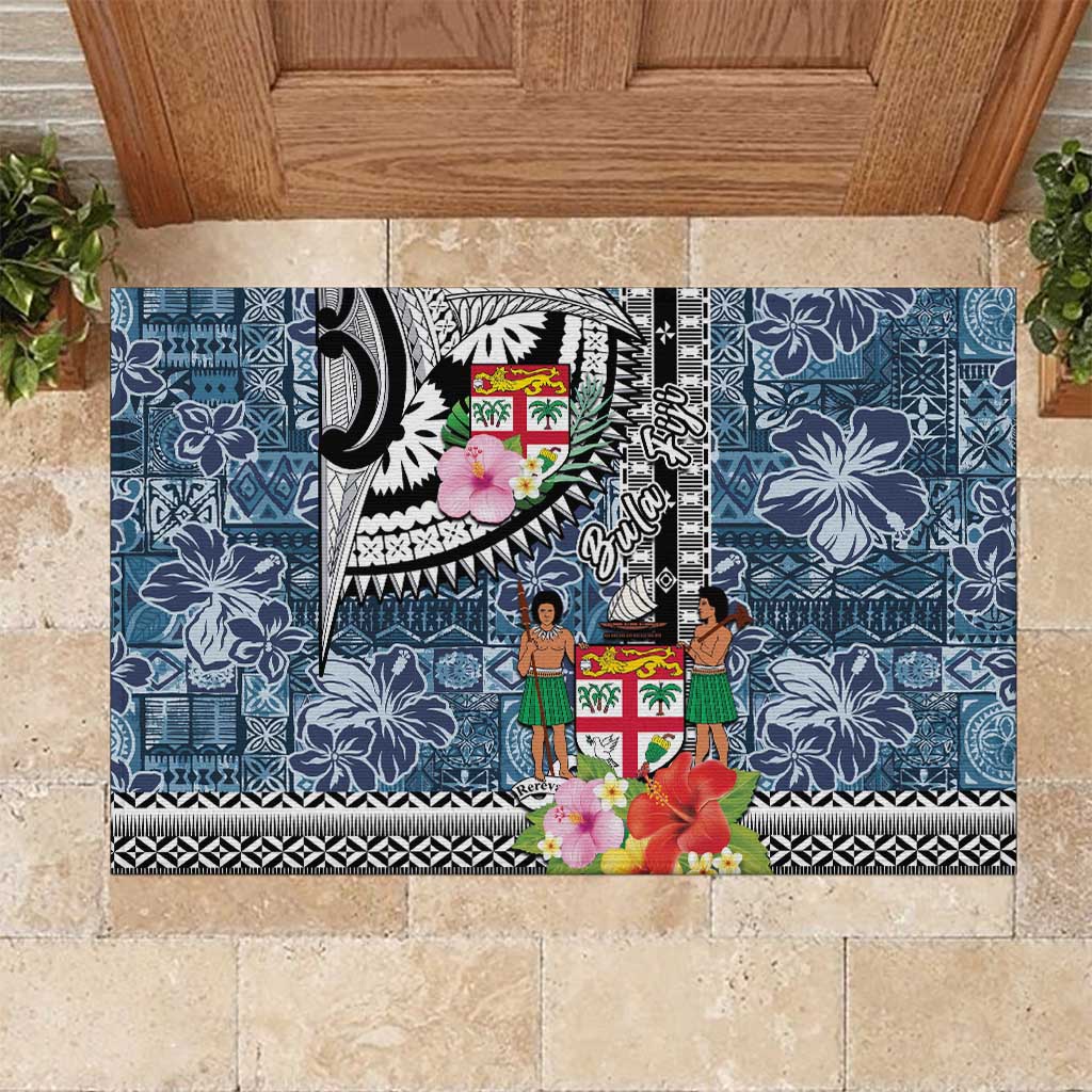 Fiji Day Rubber Doormat Traditional Tapa with Hibiscus and Emblems