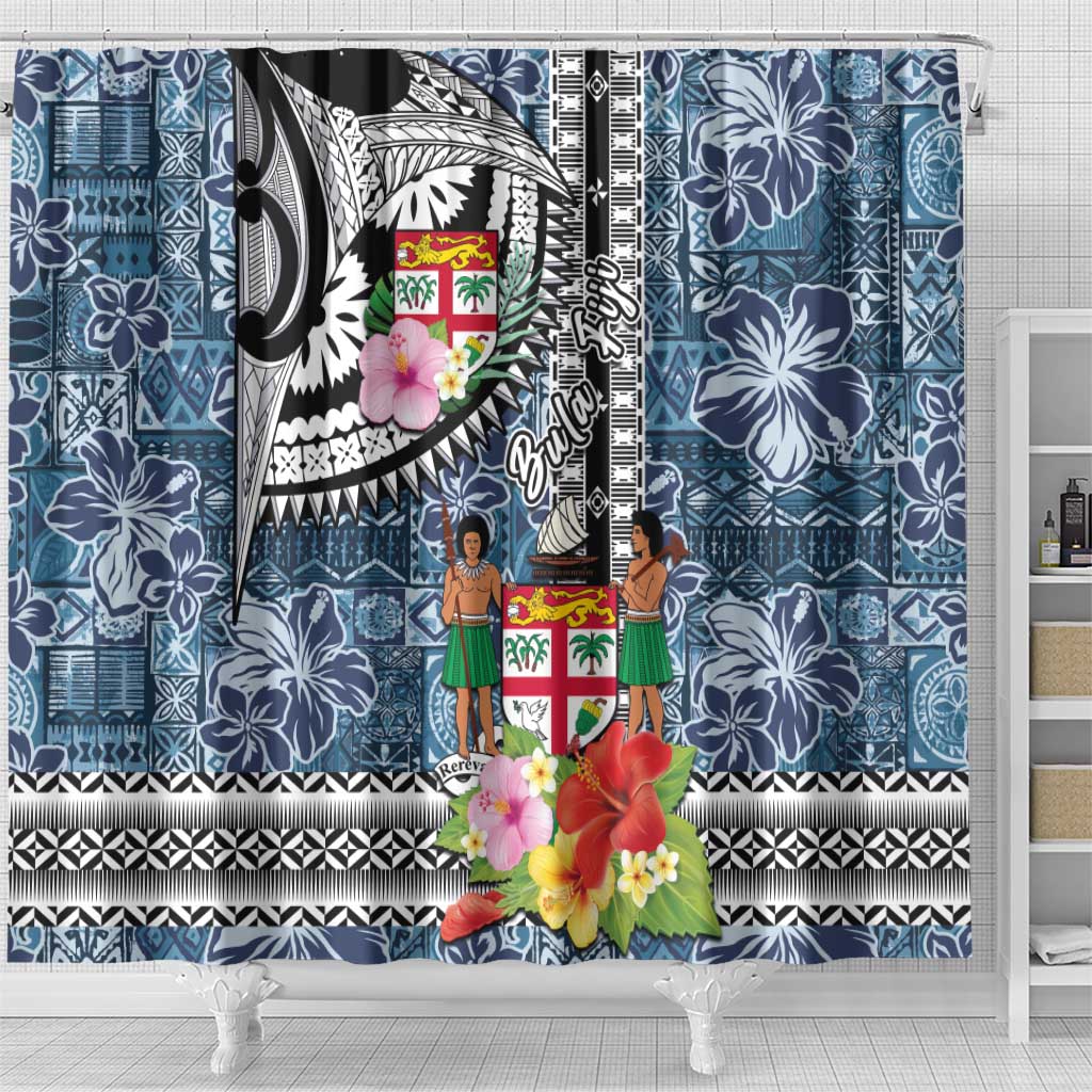 Fiji Day Shower Curtain Traditional Tapa with Hibiscus and Emblems