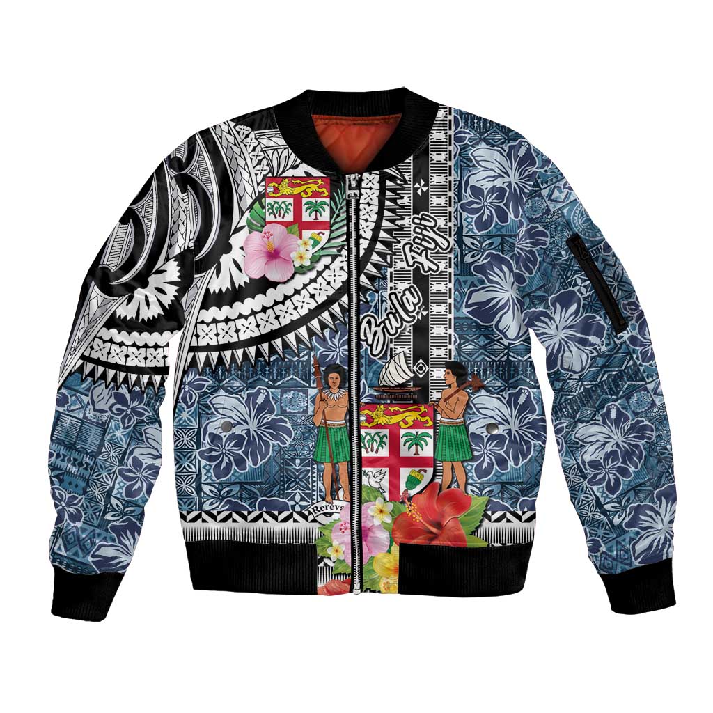 Fiji Day Sleeve Zip Bomber Jacket Traditional Tapa with Hibiscus and Emblems