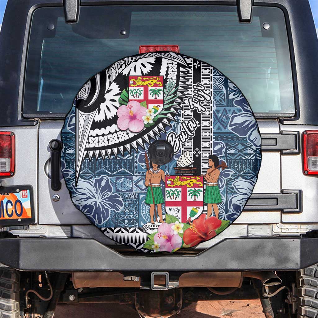 Fiji Day Spare Tire Cover Traditional Tapa with Hibiscus and Emblems
