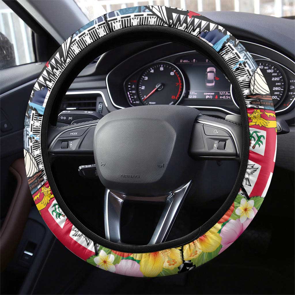 Fiji Day Steering Wheel Cover Traditional Tapa with Hibiscus and Emblems