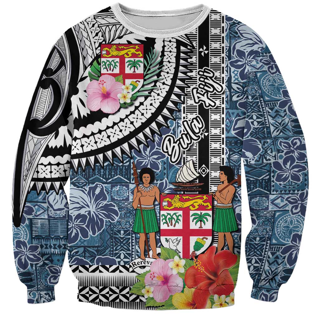 Fiji Day Sweatshirt Traditional Tapa with Hibiscus and Emblems