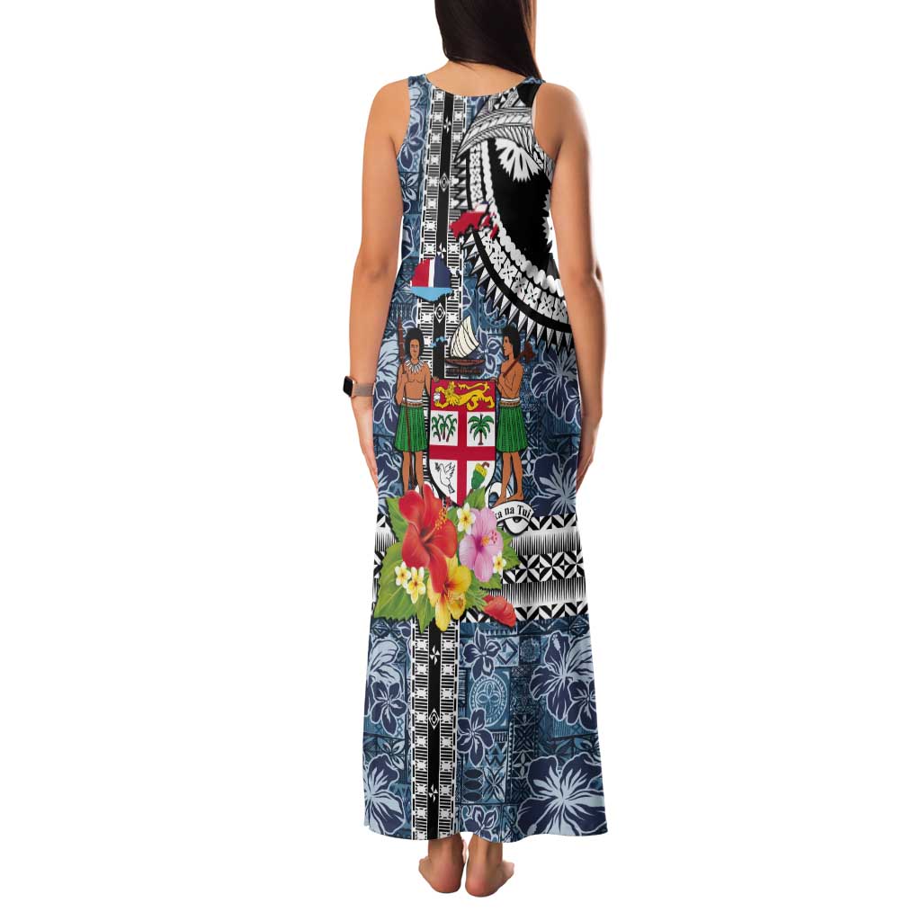 Fiji Day Tank Maxi Dress Traditional Tapa with Hibiscus and Emblems