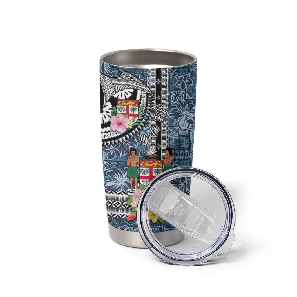Fiji Day Tumbler Cup Traditional Tapa with Hibiscus and Emblems
