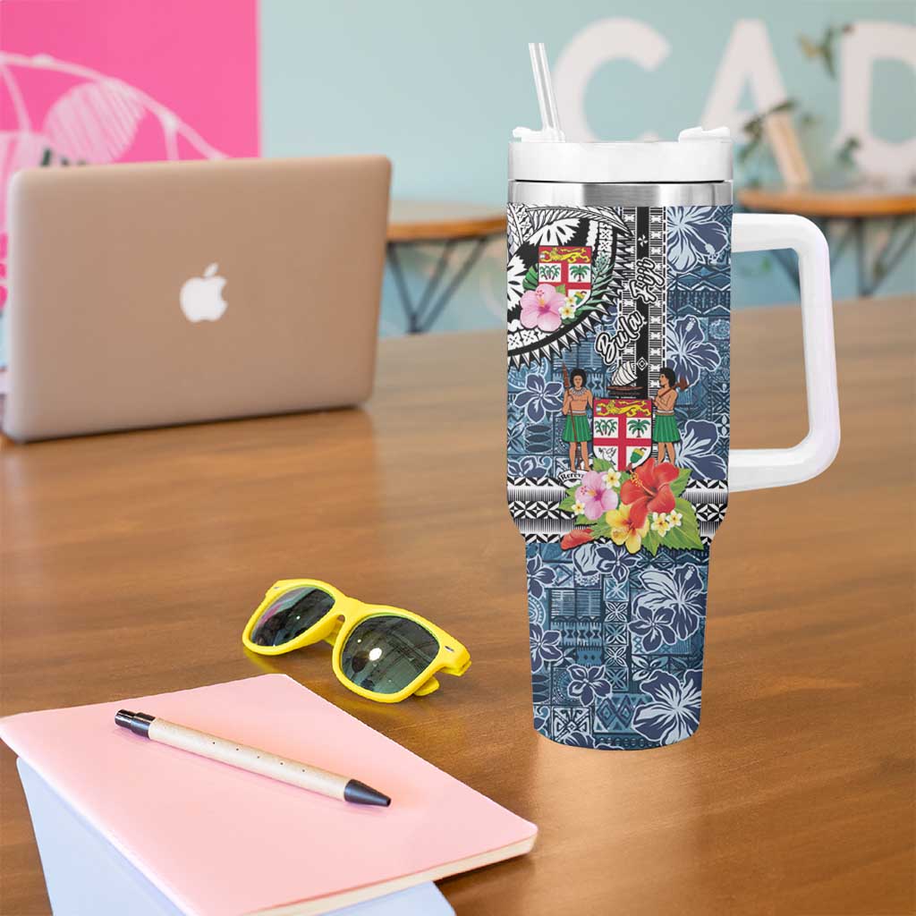 Fiji Day Tumbler With Handle Traditional Tapa with Hibiscus and Emblems