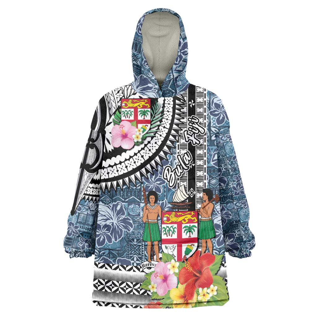 Fiji Day Wearable Blanket Hoodie Traditional Tapa with Hibiscus and Emblems