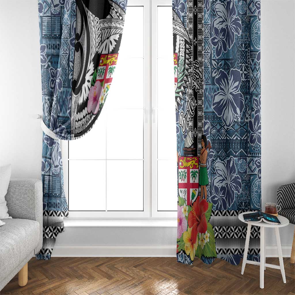 Fiji Day Window Curtain Traditional Tapa with Hibiscus and Emblems
