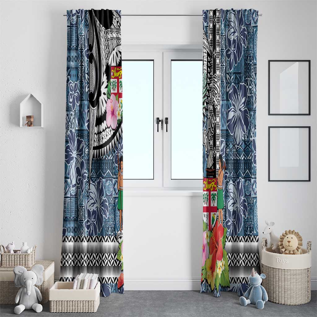Fiji Day Window Curtain Traditional Tapa with Hibiscus and Emblems