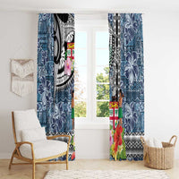 Fiji Day Window Curtain Traditional Tapa with Hibiscus and Emblems