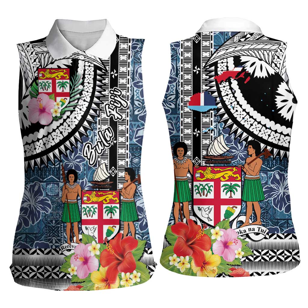 Fiji Day Women Sleeveless Polo Shirt Traditional Tapa with Hibiscus and Emblems