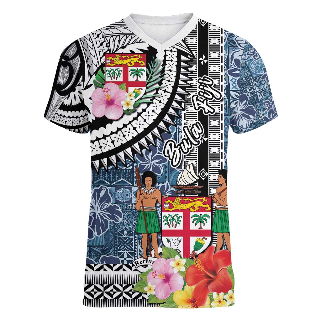 Fiji Day Women V-Neck T-Shirt Traditional Tapa with Hibiscus and Emblems