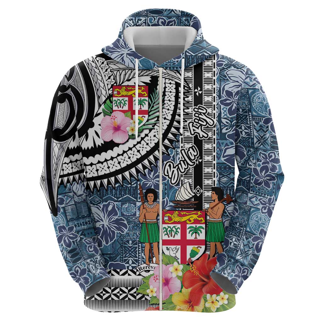 Fiji Day Zip Hoodie Traditional Tapa with Hibiscus and Emblems