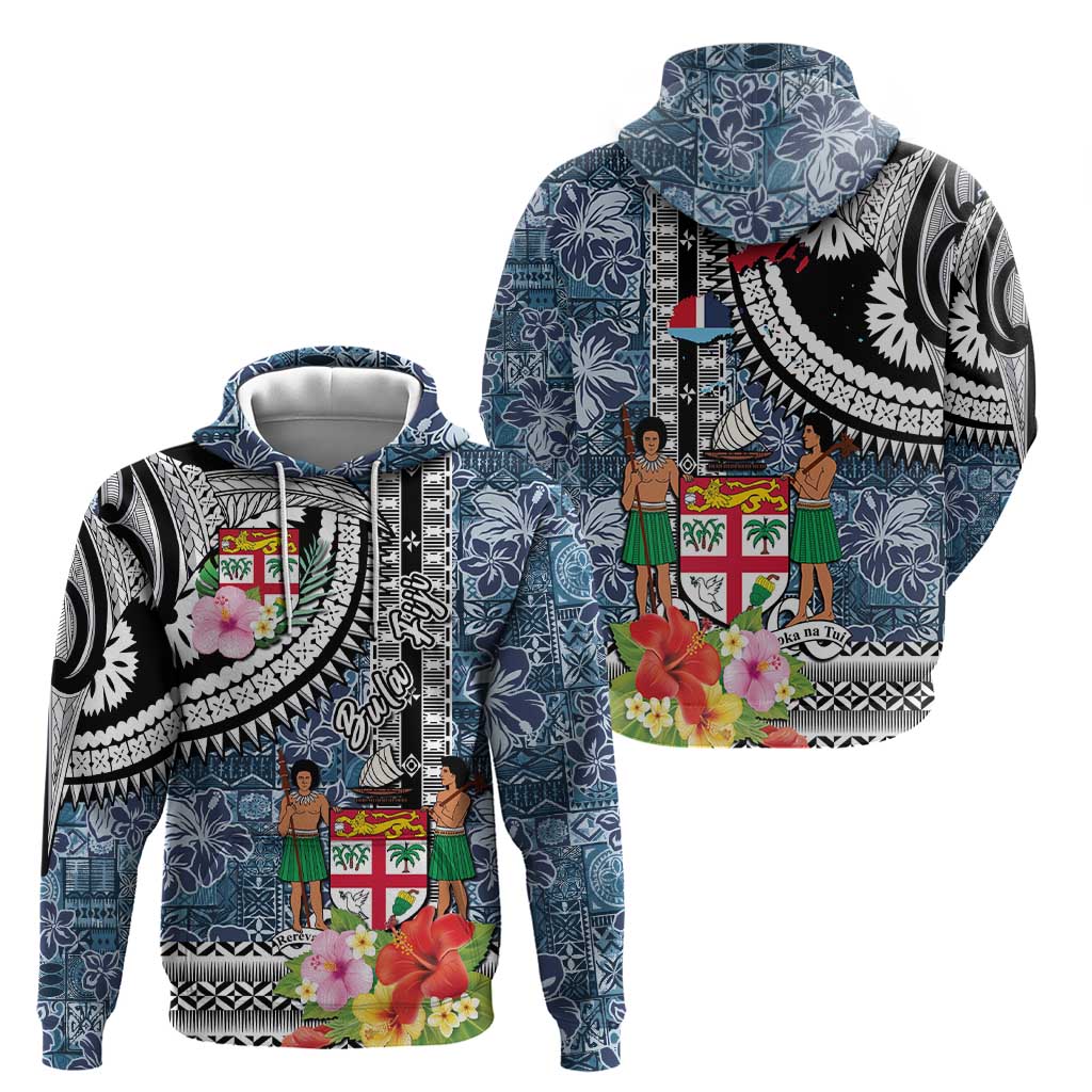 Fiji Day Zip Hoodie Traditional Tapa with Hibiscus and Emblems