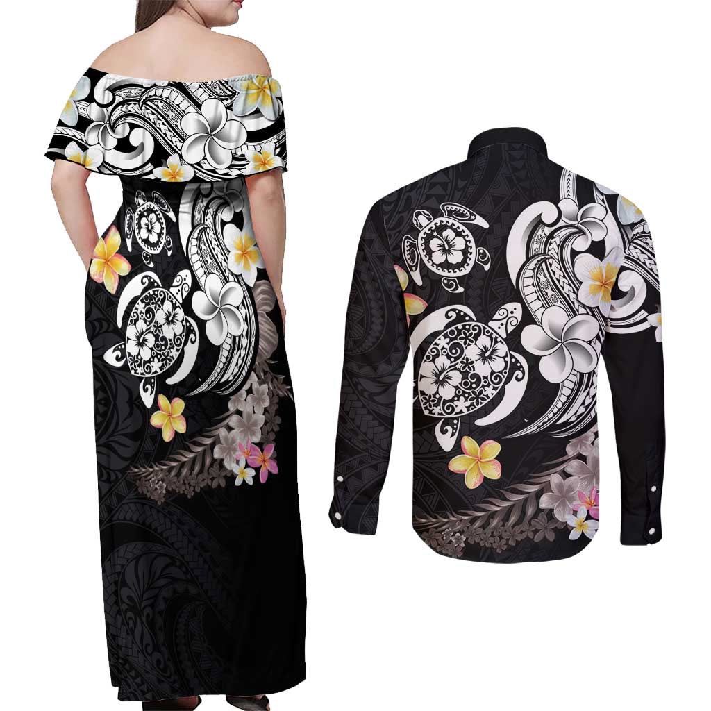Hawaiian Tropical Plumeria Turtles Couples Matching Off Shoulder Maxi Dress and Long Sleeve Button Shirt Polynesian Art Tattoo