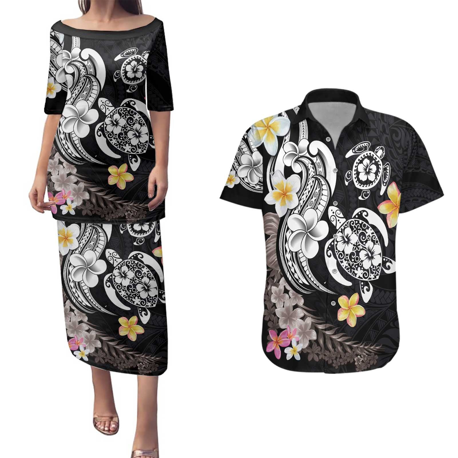 Hawaiian Tropical Plumeria Turtles Couples Matching Puletasi and Hawaiian Shirt Polynesian Art Tattoo