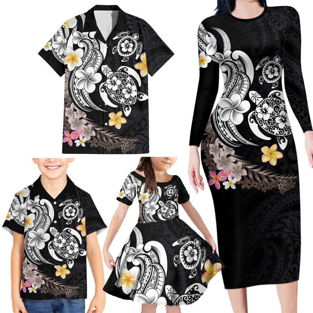 Hawaiian Tropical Plumeria Turtles Family Matching Long Sleeve Bodycon Dress and Hawaiian Shirt Polynesian Art Tattoo