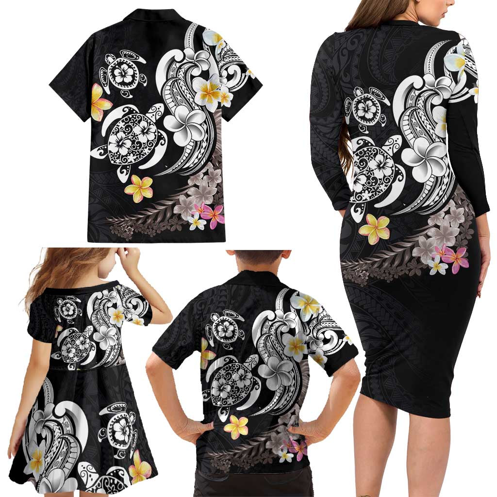 Hawaiian Tropical Plumeria Turtles Family Matching Long Sleeve Bodycon Dress and Hawaiian Shirt Polynesian Art Tattoo