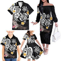 Hawaiian Tropical Plumeria Turtles Family Matching Off The Shoulder Long Sleeve Dress and Hawaiian Shirt Polynesian Art Tattoo