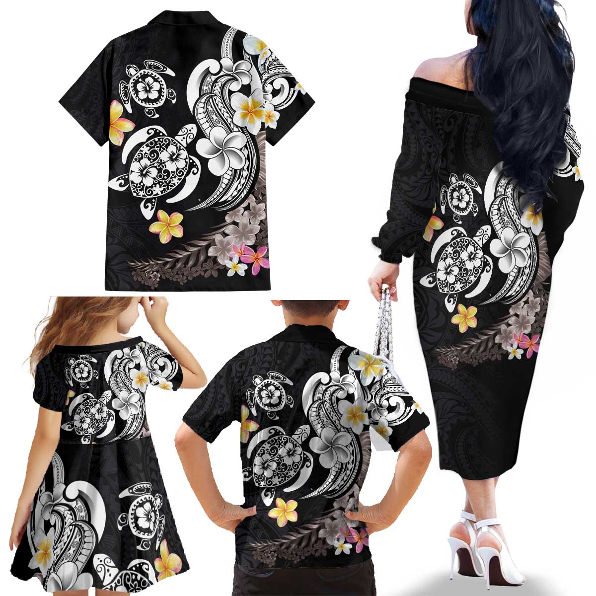 Hawaiian Tropical Plumeria Turtles Family Matching Off The Shoulder Long Sleeve Dress and Hawaiian Shirt Polynesian Art Tattoo