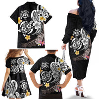 Hawaiian Tropical Plumeria Turtles Family Matching Off The Shoulder Long Sleeve Dress and Hawaiian Shirt Polynesian Art Tattoo