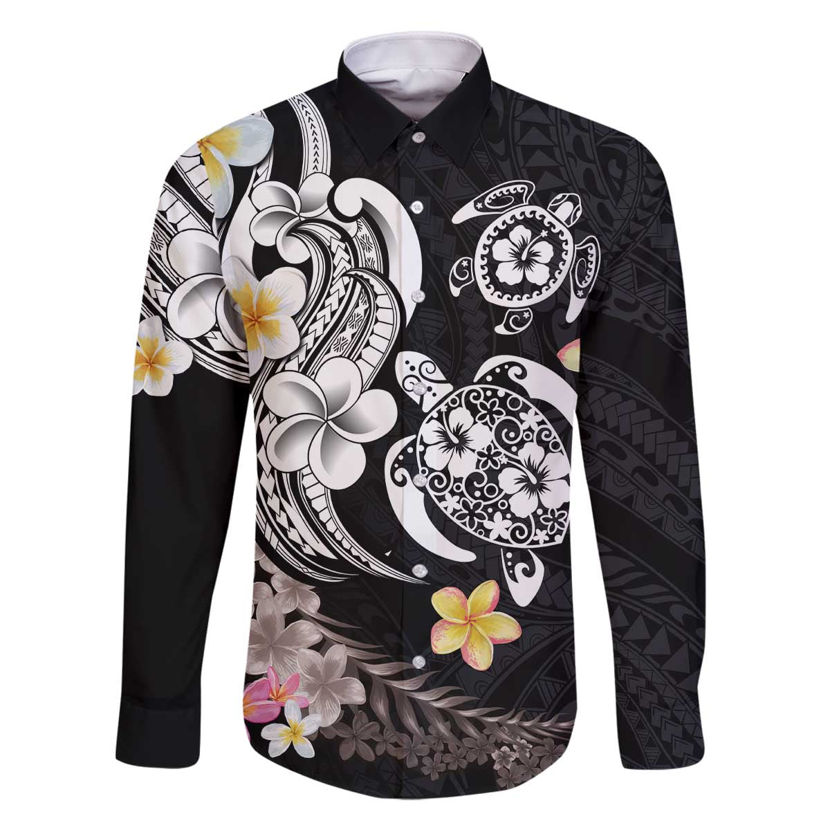 Hawaiian Tropical Plumeria Turtles Family Matching Off The Shoulder Long Sleeve Dress and Hawaiian Shirt Polynesian Art Tattoo