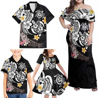 Hawaiian Tropical Plumeria Turtles Family Matching Off Shoulder Maxi Dress and Hawaiian Shirt Polynesian Art Tattoo