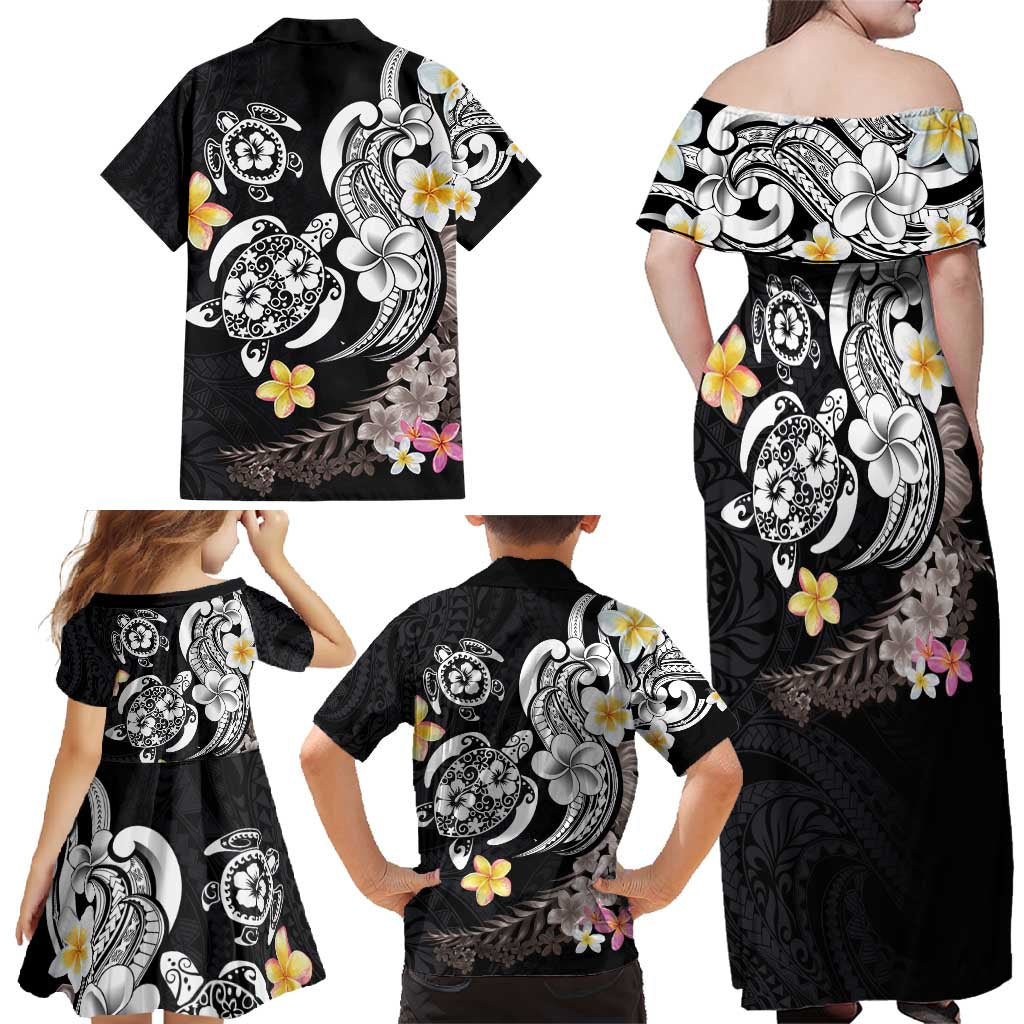 Hawaiian Tropical Plumeria Turtles Family Matching Off Shoulder Maxi Dress and Hawaiian Shirt Polynesian Art Tattoo