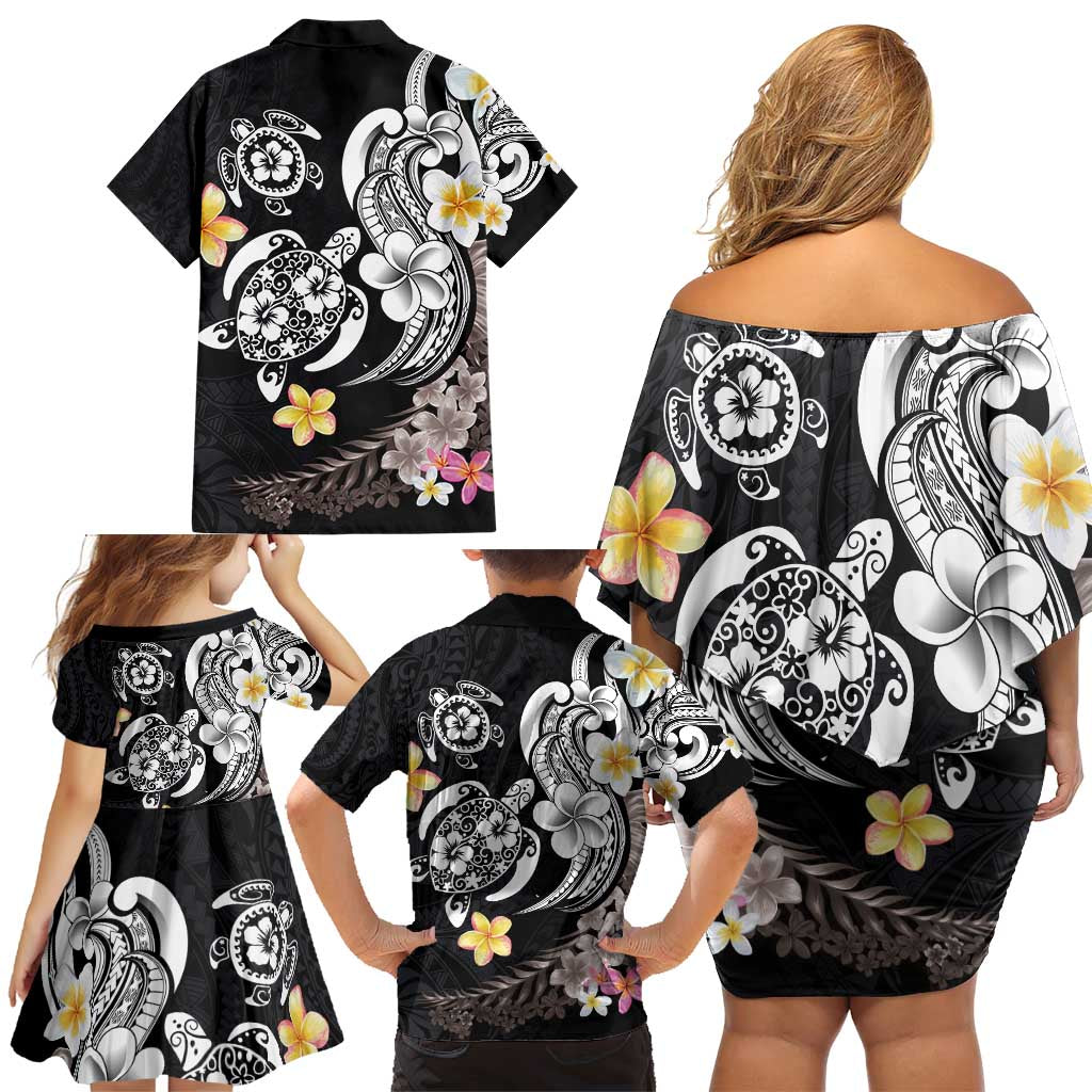 Hawaiian Tropical Plumeria Turtles Family Matching Off Shoulder Short Dress and Hawaiian Shirt Polynesian Art Tattoo