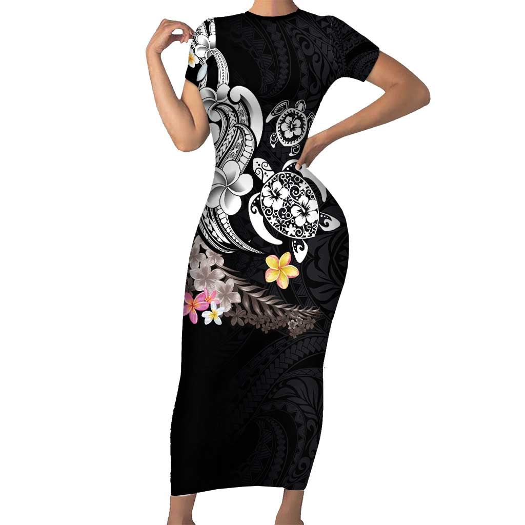 Hawaiian Tropical Plumeria Turtles Family Matching Short Sleeve Bodycon Dress and Hawaiian Shirt Polynesian Art Tattoo