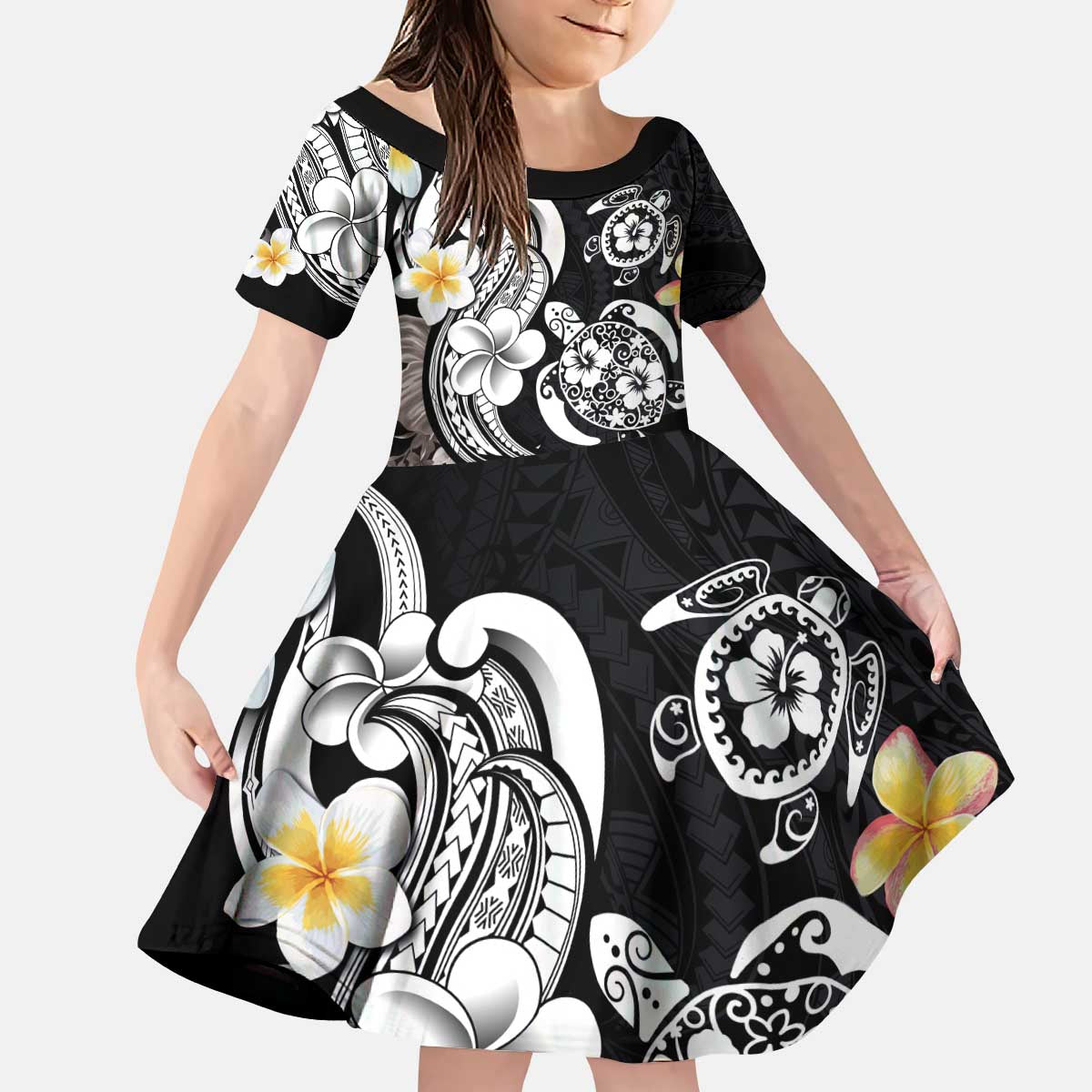 Hawaiian Tropical Plumeria Turtles Kid Short Sleeve Dress Polynesian Art Tattoo
