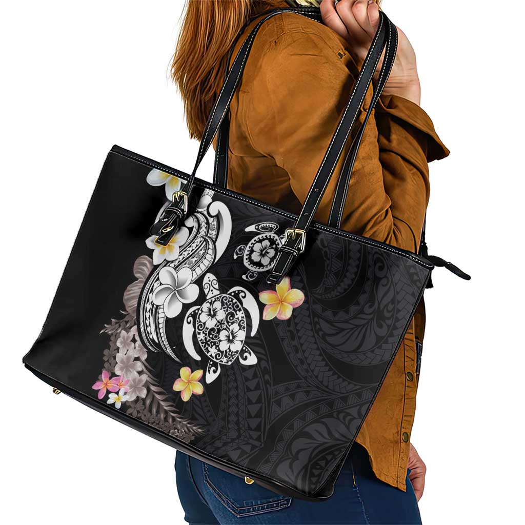 Hawaiian Tropical Plumeria Turtles Leather Tote Bag Polynesian Art Tattoo