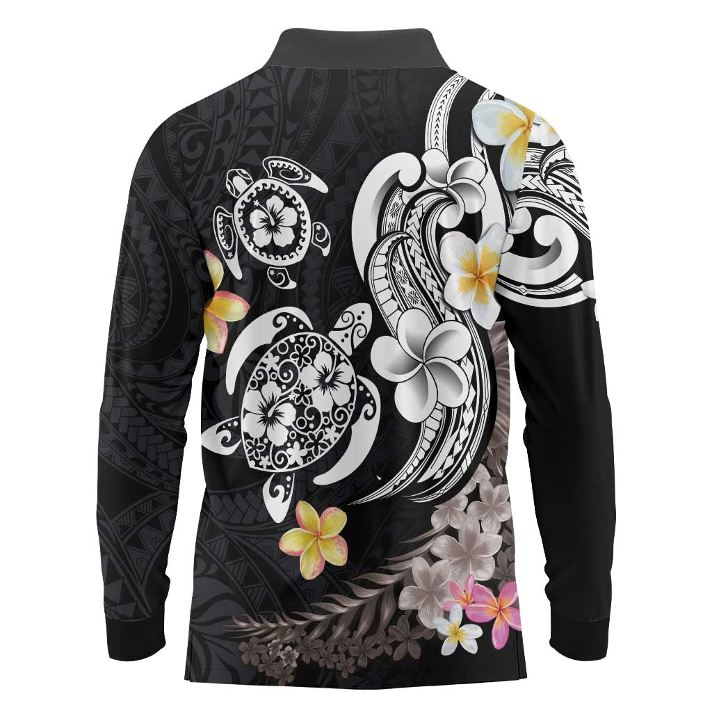Hawaiian Tropical Plumeria Turtles Long Sleeve Polo Shirt Polynesian Art Tattoo
