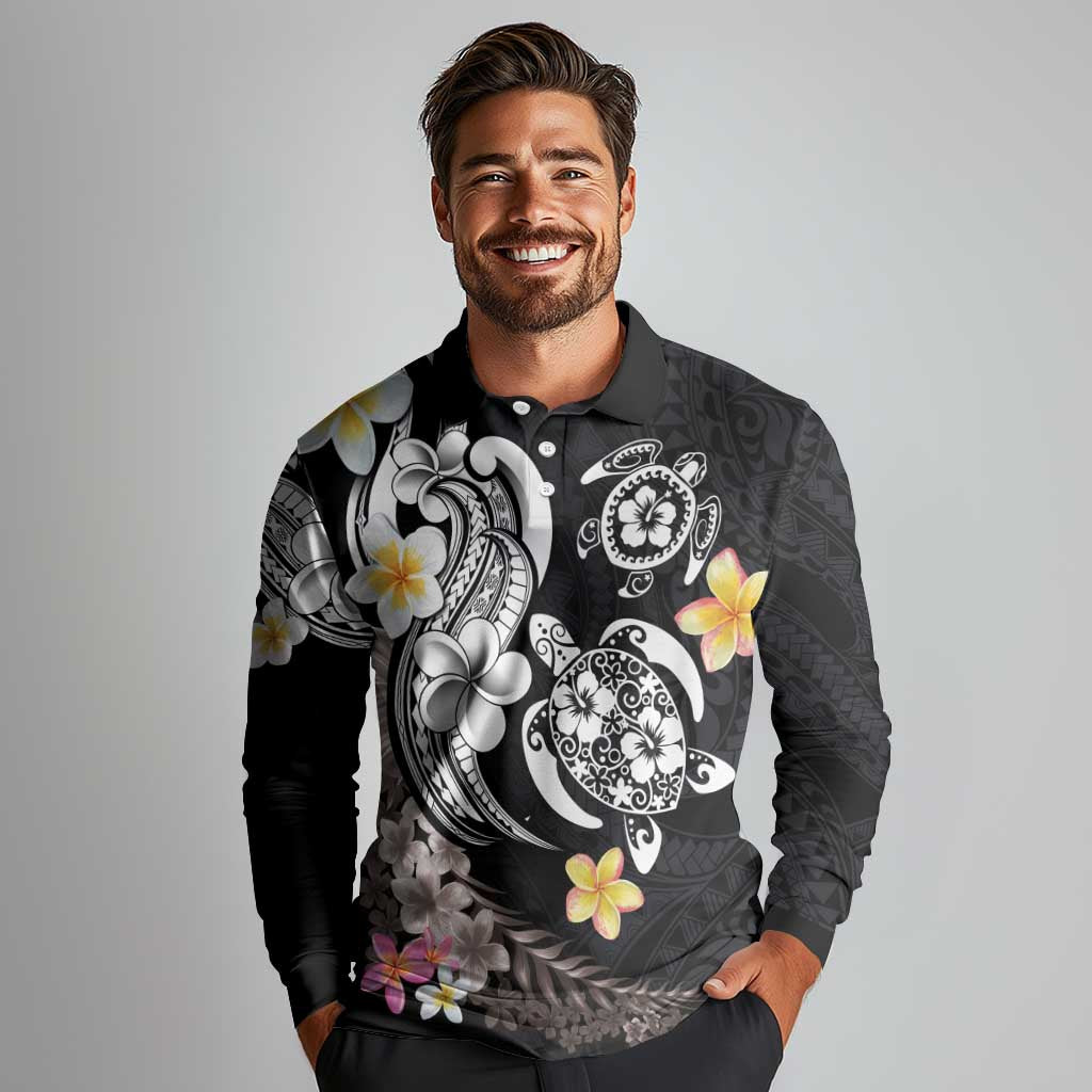 Hawaiian Tropical Plumeria Turtles Long Sleeve Polo Shirt Polynesian Art Tattoo