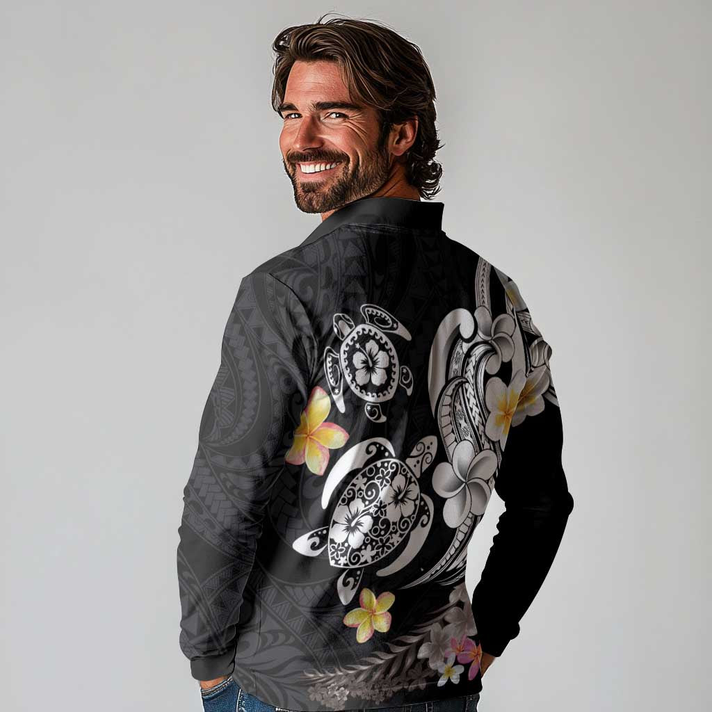 Hawaiian Tropical Plumeria Turtles Long Sleeve Polo Shirt Polynesian Art Tattoo
