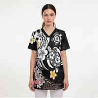 Hawaiian Tropical Plumeria Turtles Scrub Top Polynesian Art Tattoo - Polynesian Pride