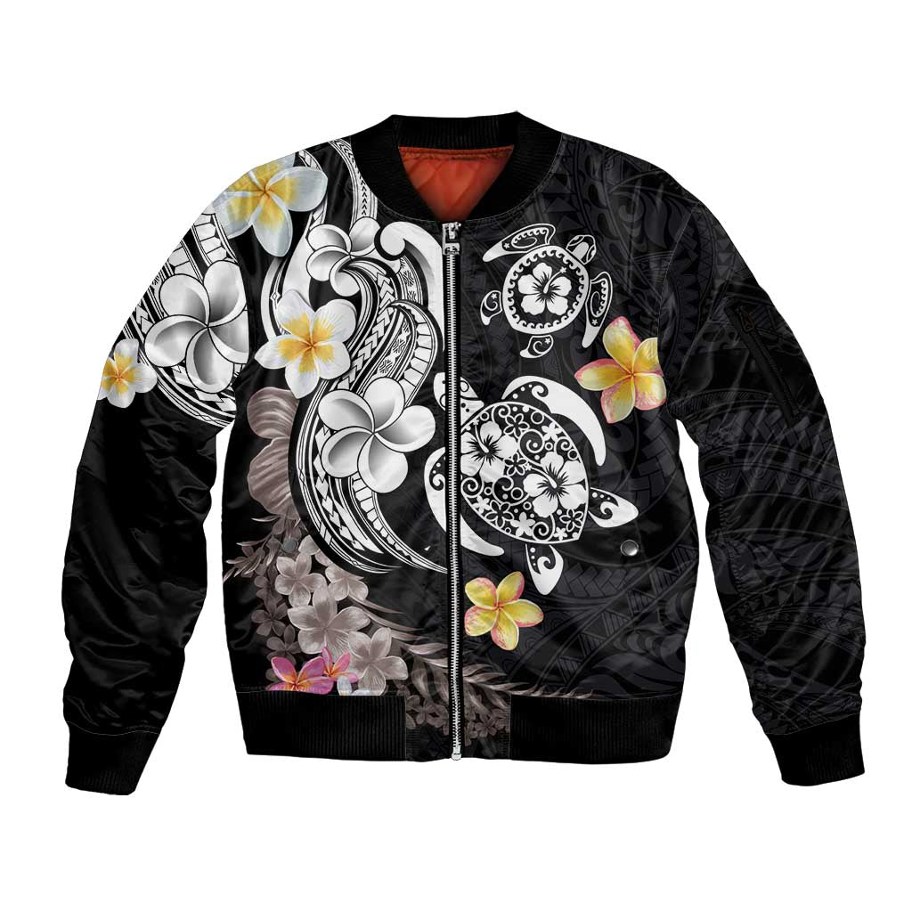 Hawaiian Tropical Plumeria Turtles Sleeve Zip Bomber Jacket Polynesian Art Tattoo