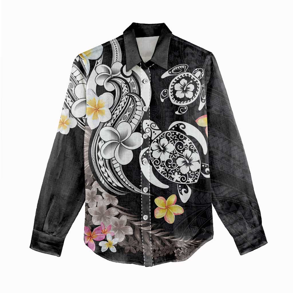 Hawaiian Tropical Plumeria Turtles Women Casual Shirt Polynesian Art Tattoo