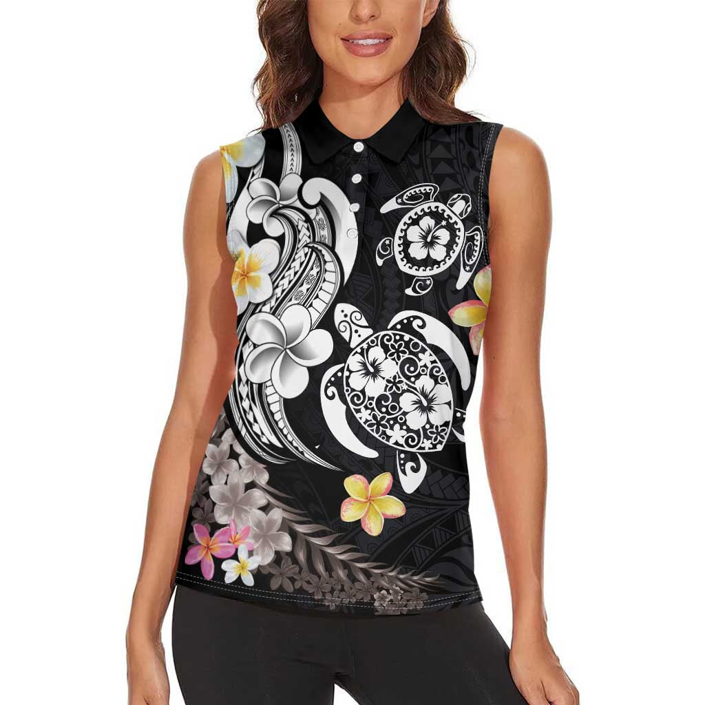 Hawaiian Tropical Plumeria Turtles Women Sleeveless Polo Shirt Polynesian Art Tattoo